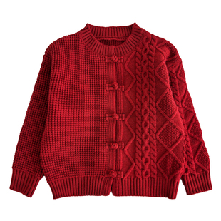 男童开衫毛衣外套冬季儿童针织衫小童秋冬款宝宝冬装男孩红色上衣
