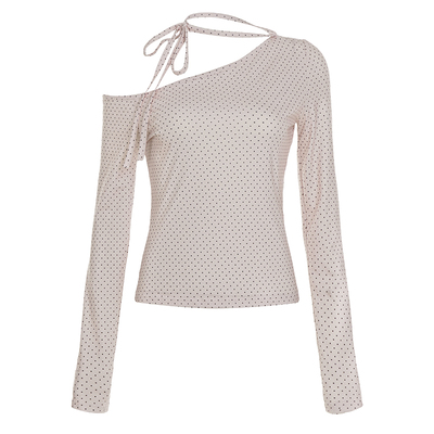 WEEKEEP 甜美少女撞色波点斜领露肩系带长袖T恤百搭修身收腰上衣