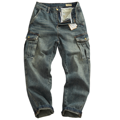 潮流水洗做旧直筒微锥工装牛仔裤
