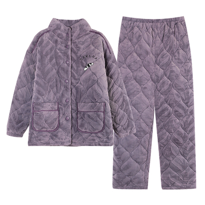 冬季女款加厚加绒三层夹棉睡衣