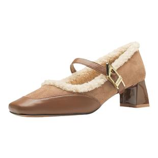 毛毛单鞋女高级感外穿冬季2024年新款复古方头毛绒中跟一字扣单鞋