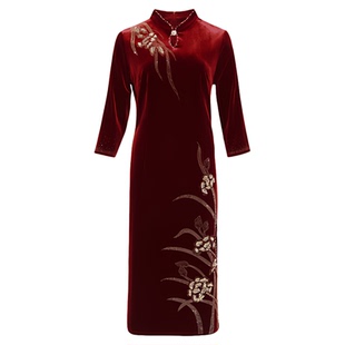 冬季新款妈妈丝绒立领旗袍裙喜婆婆婚宴敬酒服结婚母亲礼服连衣裙