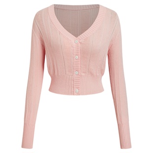 CIDER春秋女装针织V领纽扣长袖短款钩花开衫114736009