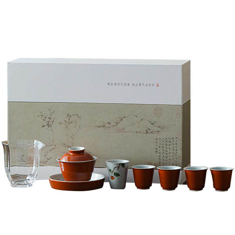 手绘陶瓷柿柿如意手工茶具套装