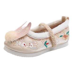 2024国风新款女童绣花鞋冬款小女孩汉服鞋儿童兔兔唐装拜年服鞋子