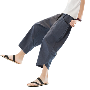 夏季中国风棉麻七分裤复古阔腿裤马裤大码休闲中国风亚麻短裤男