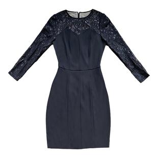 柏媛黑色拼接雷蕾丝连衣裙女气质名媛小个子修身镂空高级感中长裙