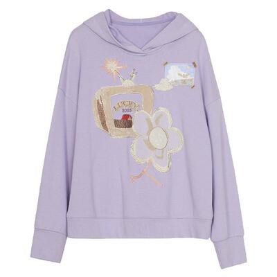 谜底连帽卫衣女秋季新款学院风绣花宽松中长款上衣241MV0053