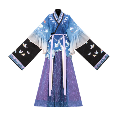 花朝记｜花间灵玑蓝蝶｜晋制汉服半袖晋襦交窬裙绣花蓝色春夏旅游