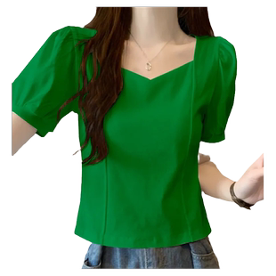 法式泡泡短袖t恤女夏季甜美方领修身显瘦遮肚子上衣百搭鱼骨小衫