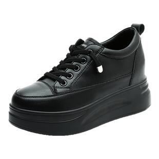 真皮全黑内增高女鞋8cm秋季增高黑色松糕鞋34码小个子厚底小皮鞋