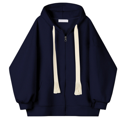 加绒加厚藏青色开衫拉链连帽卫衣外套秋冬季男女同款情侣宽松上衣