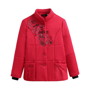 大码妈妈棉衣外套短款轻薄棉袄婚庆衣服中老年奶奶本命年红色棉服