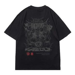 丛林老虎夏季新款嘻哈虎短袖男美式街头涂鸦宽松纯棉重磅黑色T恤