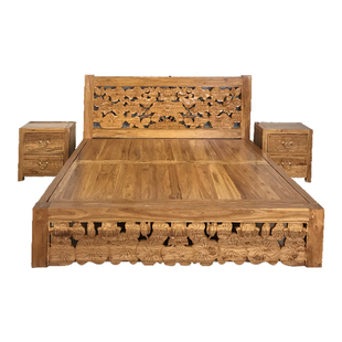 新中式实木婚床老榆木双人床中式卧室雕刻荷花原木板床榫卯结构