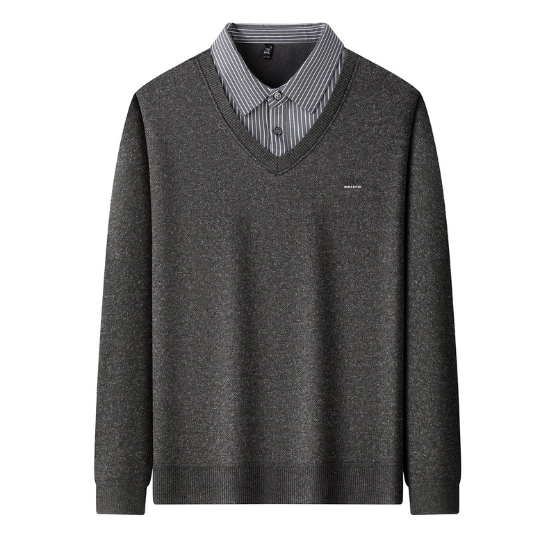 雅鹿假两件衬衫领针织衫中年男士加绒加厚毛衣男休闲打底衫套头PM