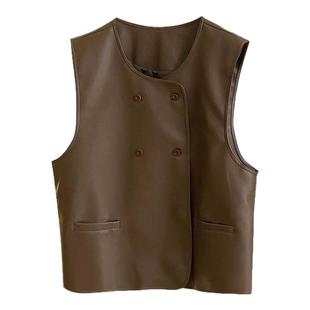 高级气质双排扣柔软皮马甲开衫女装春季休闲洋气复古无袖外套马夹