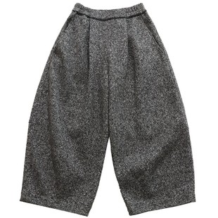 鹿与飞鸟“芝麻雪花酥”慵懒风双层加绒灰色半松紧气球毛呢裤7173