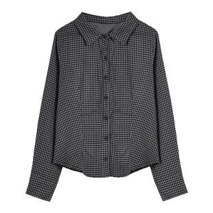 gagaopt气质POLO领纽扣格子衬衫女修身显瘦小个子短款长袖衬衣秋