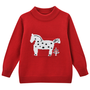 女童马年红色过年毛衣2026新款冬季儿童小马提花针织衫拜年服童装