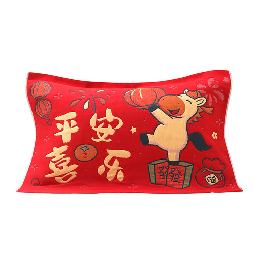 枕巾纯棉新年红色马年本命年全棉纱布一对枕头巾垫巾家用防头油