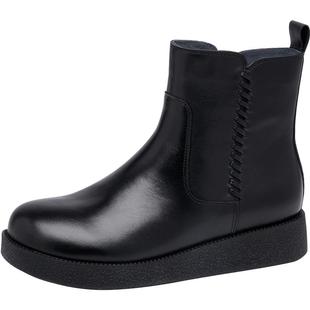 沙驰女鞋厚底加绒短靴保暖女靴2025冬季新款牛皮软皮靴子切尔西靴