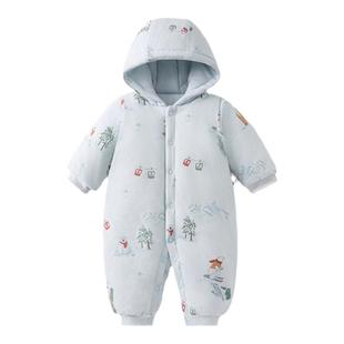童泰婴儿连体衣冬季纯棉夹棉宝宝衣服儿童休闲外出加厚连帽爬服