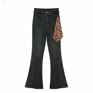 李李服饰豹纹丝巾腰带微喇牛仔裤女2026冬季高腰弹力显瘦喇叭裤子
