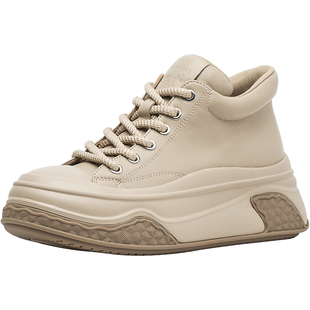 CDF女鞋轻奢时尚秋季百搭真皮板鞋厚底增高简约圆头休闲运动鞋女