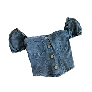 设计感小众方领单排扣高腰泡泡短袖小个子短款牛仔衬衫上衣女