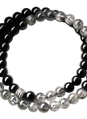 天然黑曜石虎眼石纯银招财手链男