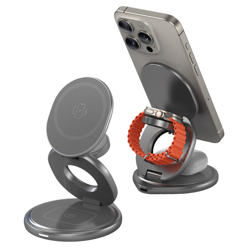 冠渠適用蘋果16三合一無線充電器Magsafe磁吸iPhone15折疊手機支架耳機applewatch手表充電座AirPods旋轉(zhuǎn)qi2