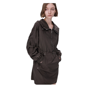 Fabrique深棕机能风轻薄尼龙工装连帽收腰连衣裙女春秋新品