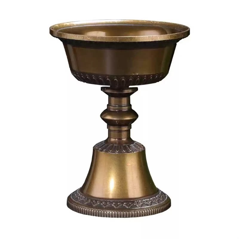 西藏式仿古酥油灯座 精致黄铜灯盏长明灯座烛台口径10cm