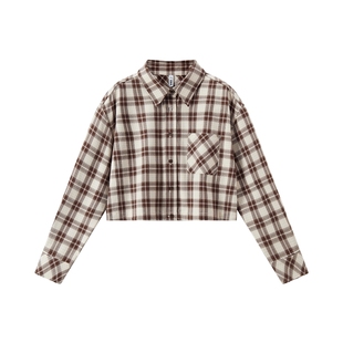 森马长袖衬衫女短款oversize收腰格纹衬衣复古秋季抽绳上衣慵懒风