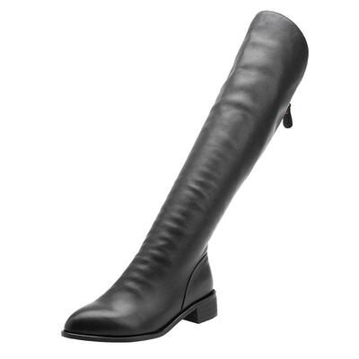 真皮尖头平底时尚风高筒女靴子