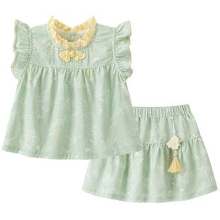 【清仓】婴儿背心短裙套装夏季薄款竹纤维女宝宝纱布中式周岁服