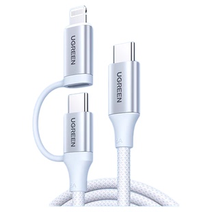 绿联二合一数据线适用苹果16Pro双typeC编织数据线iPhone15/14pd快充lightning一拖二100w笔记本电脑ipad平板