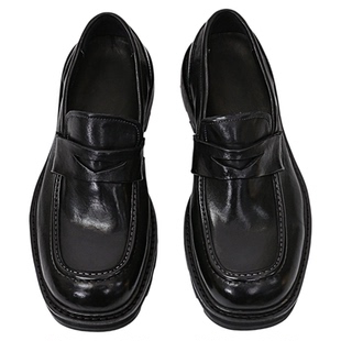 MATELAVES 方头水洗马皮乐福鞋男一脚蹬黑色通勤固特异厚底德比鞋