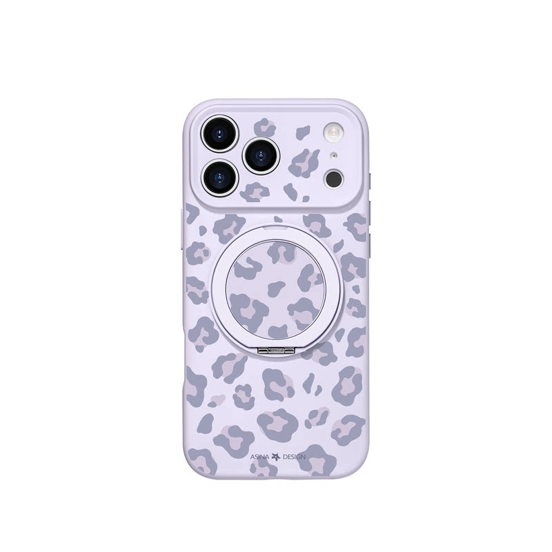紫色满屏豹纹适用iPhone17Promax手机壳新款苹果16Pro磁吸带支架套Bo3液态硅胶支点ip15高级感14网红13pm全包
