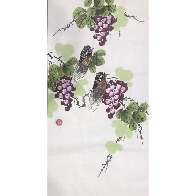 纯手绘创意植物装饰国画昆虫三尺花鸟紫葡萄荷花蝉一鸣惊人新中式