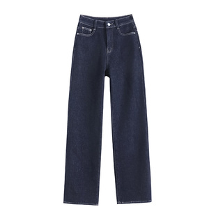 丹宁蓝美式高腰牛仔裤女秋冬季加绒弹力显瘦深蓝小个子窄版直筒裤