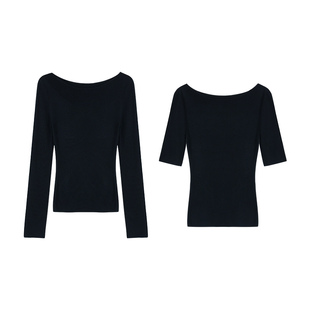 pusumede 柔软法则 一字船领羊毛针织衫女气质修身长袖打底上衣