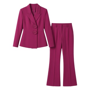 2026春季新款修身显瘦西装外套直筒微喇裤两件套大码女装通勤套装