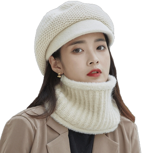 贝雷帽子女2025新款冬季围脖一体加绒加厚保暖秋冬百搭针织毛线帽