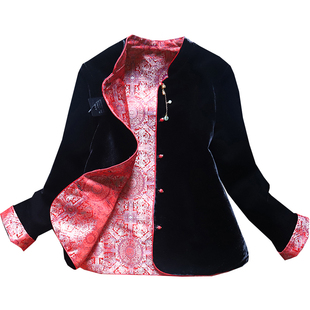 两面穿黑色丝绒外套女2025秋冬装新中式国风新年红色提花气质上衣