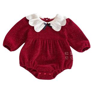 拉果婴儿新年红色加绒包屁衣女宝喜庆娃娃领连体衣百日宴周岁礼服
