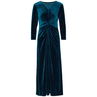 马天奴2026春秋新款墨绿色V领丝绒连衣裙收腰高级气质长裙礼服裙