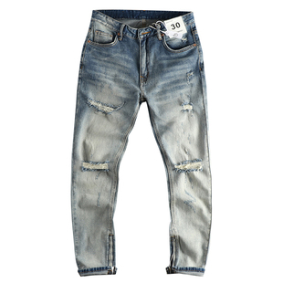 春秋美式破洞水洗做旧牛仔裤男 ins潮流侧边开衩拉链高街长裤子