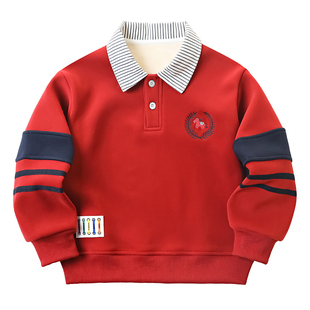 男童加绒polo衫卫衣冬装本命年2026新款儿童红色拜年服中大童上衣